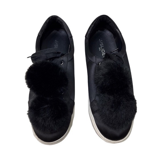 J/Slides NYC Alpha Satin Pom Poms Sneaker Black Lace Up Size 8.5 Platform - Picture 4 of 11